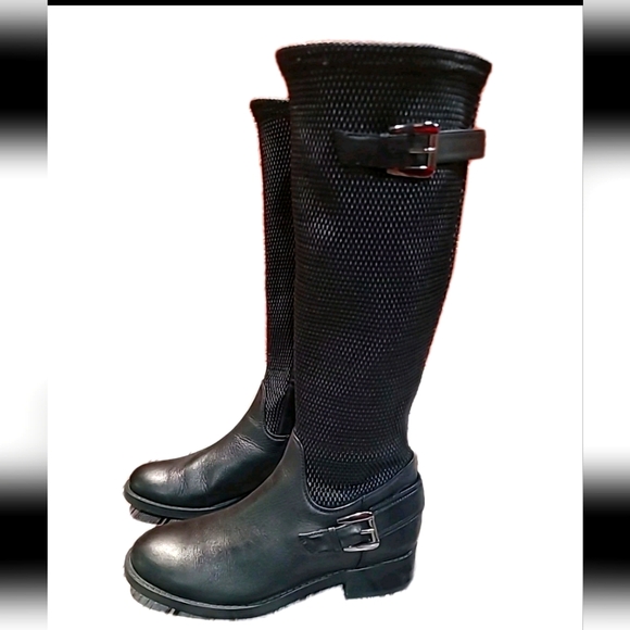 Woman Blonde Tall Boots Riding Leather Textured Equestrian Black Size 8 - Picture 1 of 10